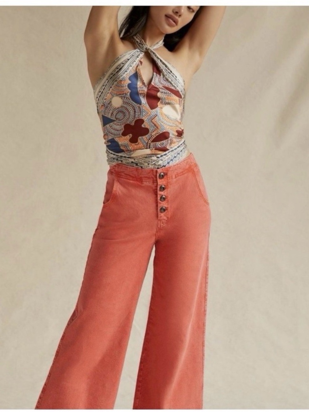 High-Rise Wide Leg Pants in Coral